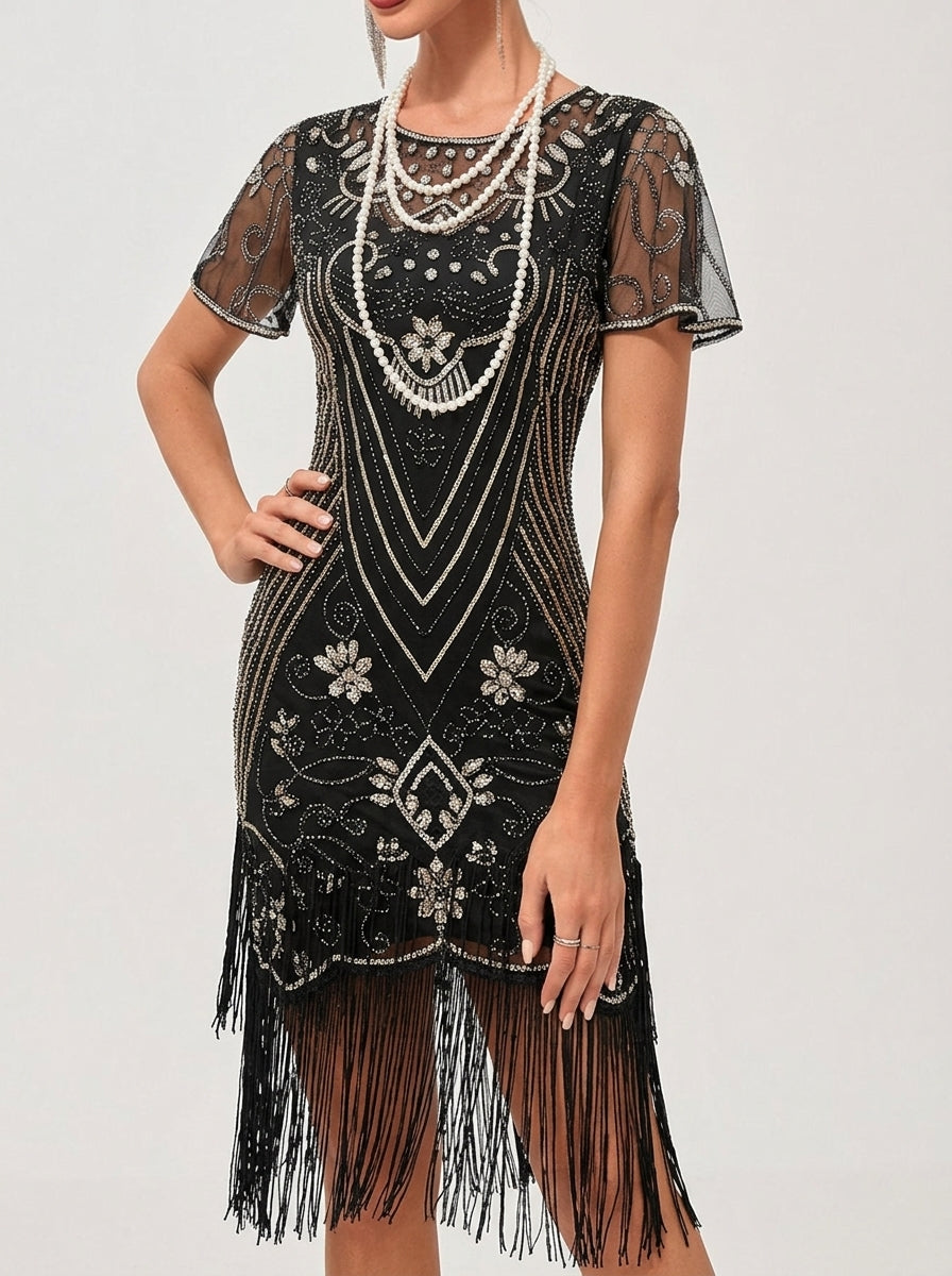 A-Line/Princess Jewel Neck Short Sleeve Knee-Length Vintage Dress with Tassel Fringe & Sequins