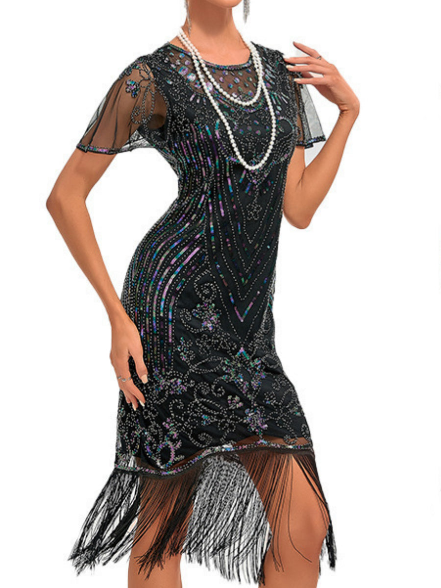 A-Line/Princess Jewel Neck Short Sleeve Knee-Length Vintage Dress with Tassel Fringe & Sequins