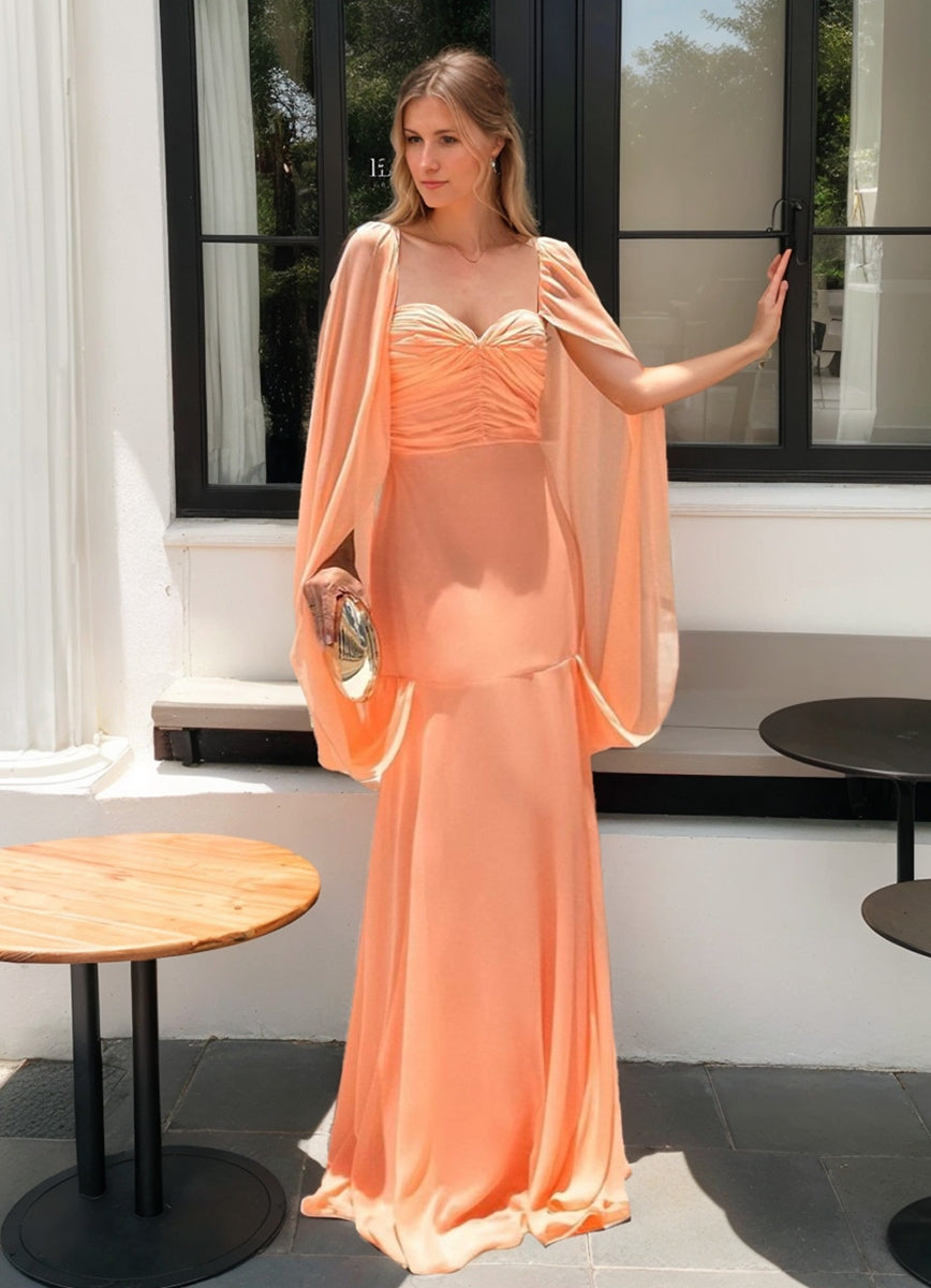 Trumpet/Mermaid Sweetheart Ruched Floor Length Prom Dresses with Cape
