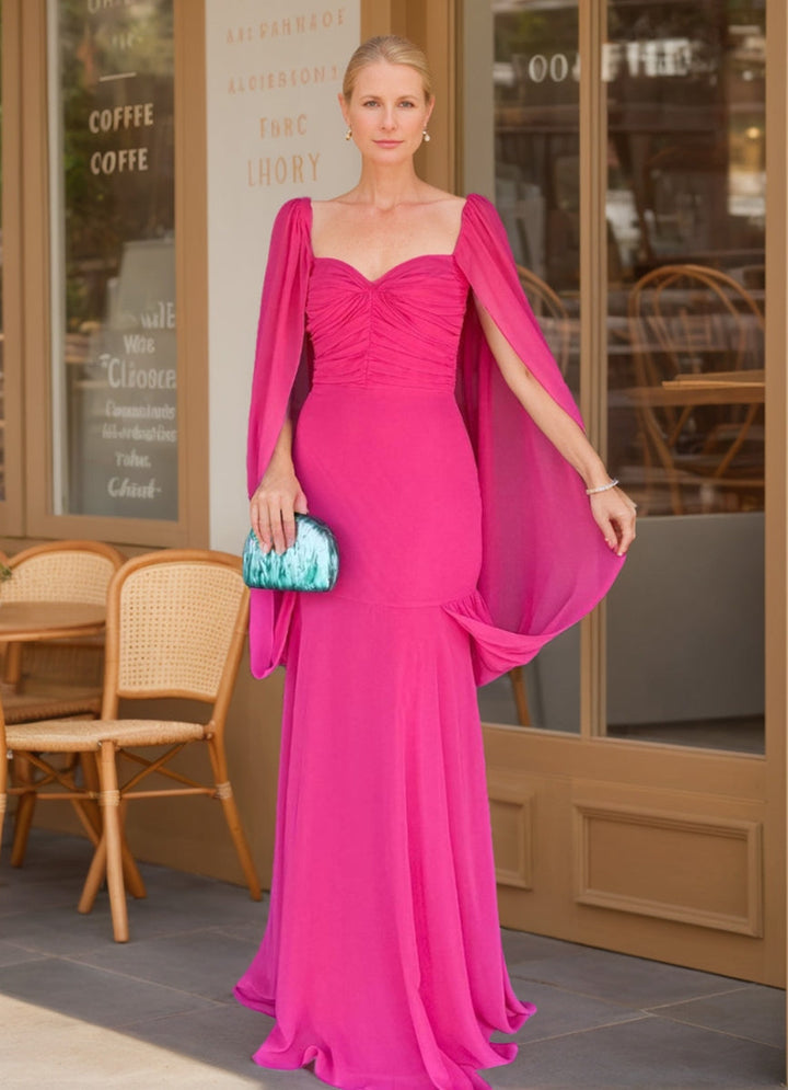 Trumpet/Mermaid Sweetheart Ruched Floor Length Prom Dresses with Cape