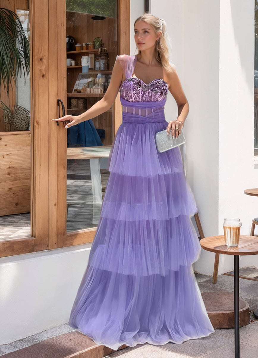 A-Line/Princess One-Shoulder Sleeveless Pleated Prom Dresses with Sequins & Appliques
