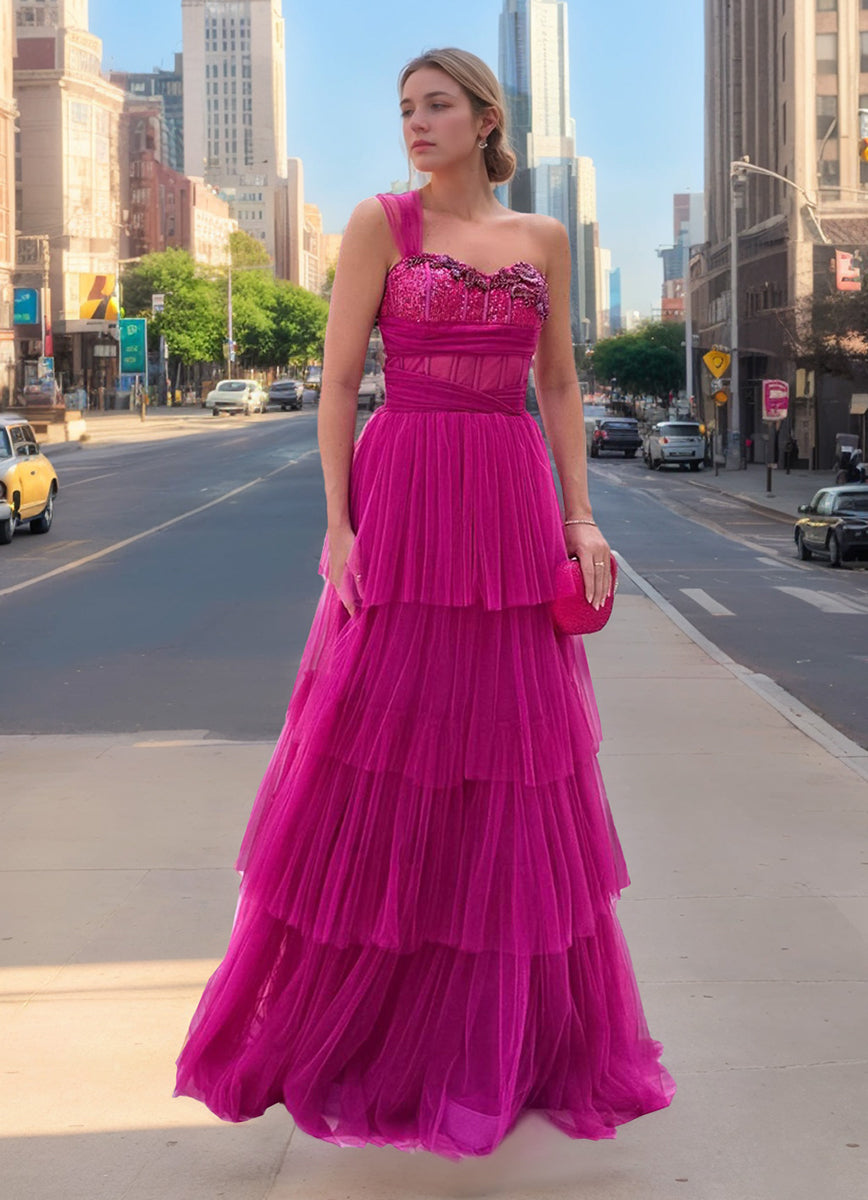 A-Line/Princess One-Shoulder Sleeveless Pleated Prom Dresses with Sequins & Appliques