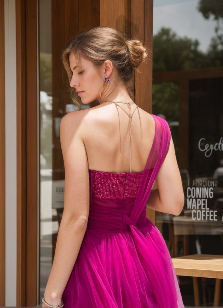 A-Line/Princess One-Shoulder Sleeveless Pleated Prom Dresses with Sequins & Appliques