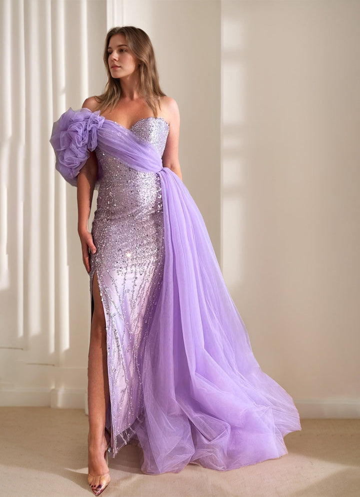 Sheath/Column One-Shoulder Sleeveless Luxurious Prom Dresses with Flower & Watteau Train