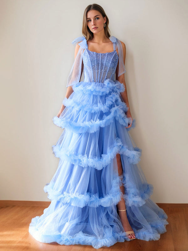 A-Line/Princess Cowl Neck Sleeveless Floor-Length Luxurious Prom Dresses with Crystal & Pleats