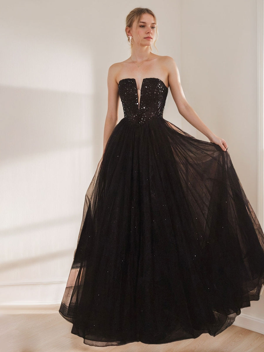 A-Line/Princess Strapless Sleeveless Floor Length Sparkling Prom Dresses with Sequins