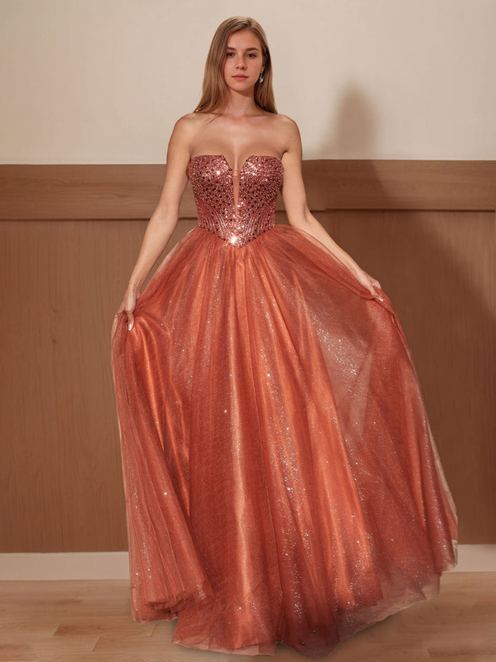 A-Line/Princess Strapless Sleeveless Floor Length Sparkling Prom Dresses with Sequins