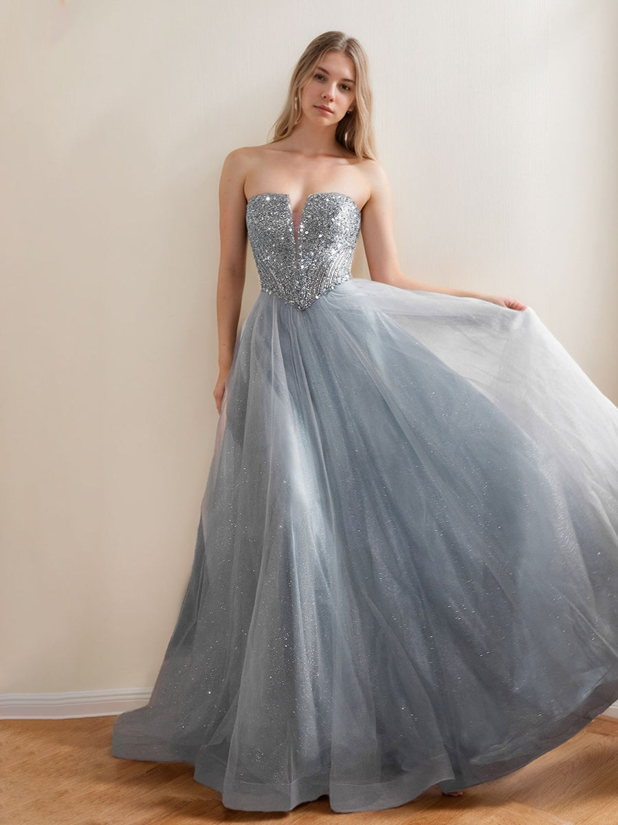 A-Line/Princess Strapless Sleeveless Floor Length Sparkling Prom Dresses with Sequins