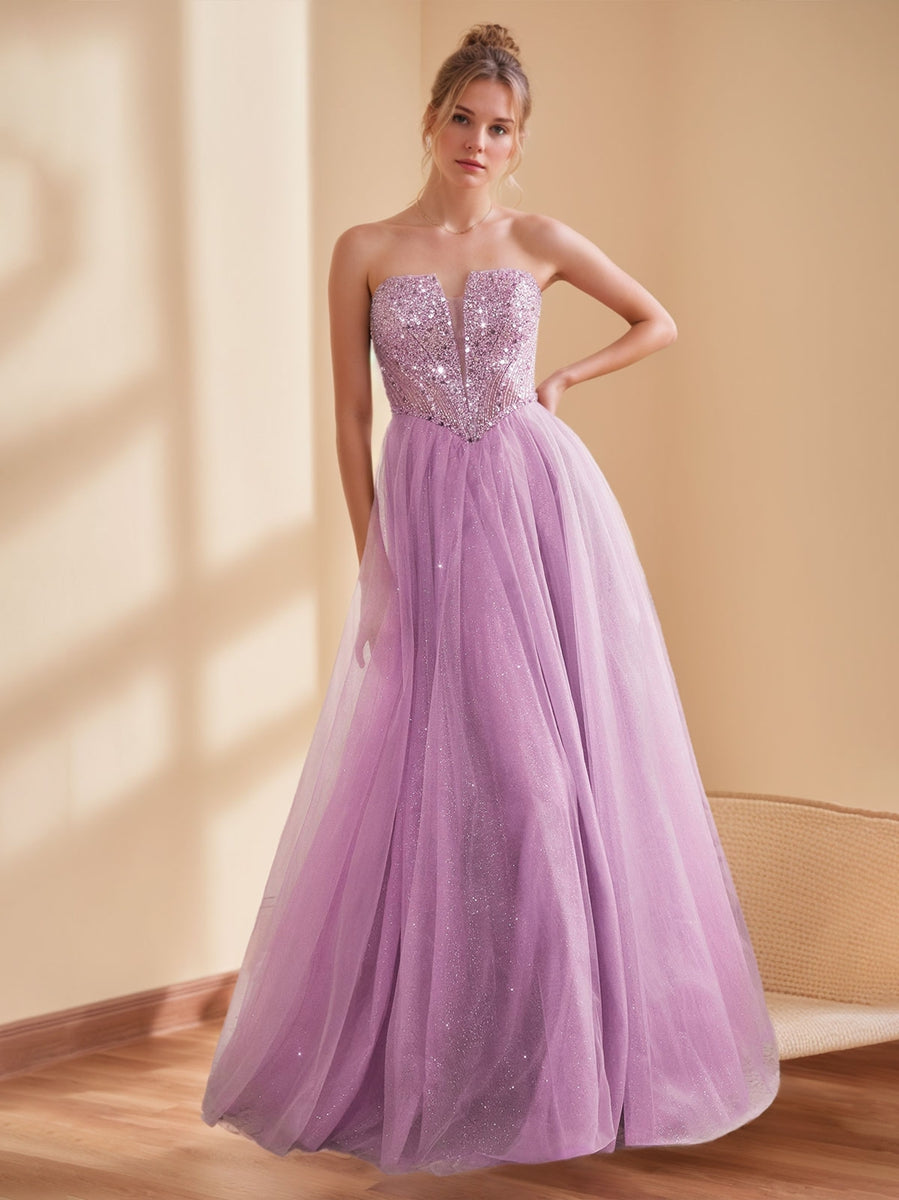 A-Line/Princess Strapless Sleeveless Floor Length Sparkling Prom Dresses with Sequins