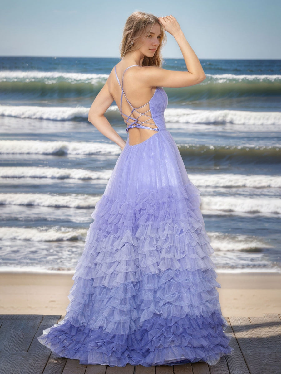 A-Line/Princess Spaghetti Straps Sleeveless Floor Length Prom Dresses with Ruffles & High Split