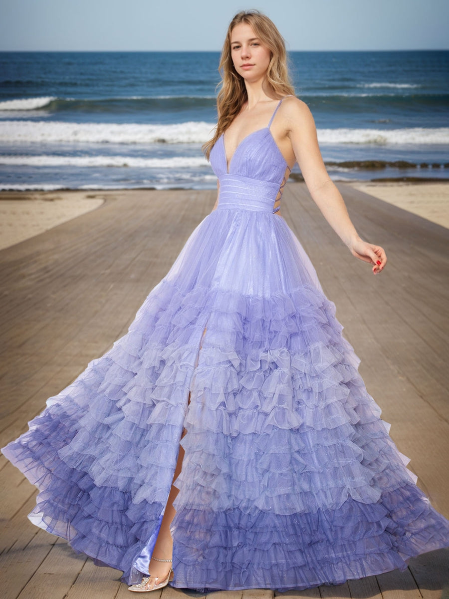 A-Line/Princess Spaghetti Straps Sleeveless Floor Length Prom Dresses with Ruffles & High Split