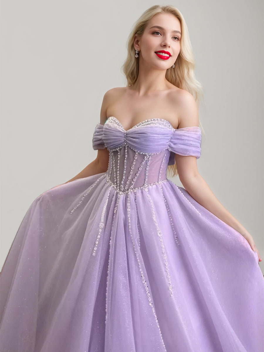 A-Line/Princess Off-the-Shoulder Sleeveless Long Exquisite Prom Dresses with Rhinestone & Ruffles