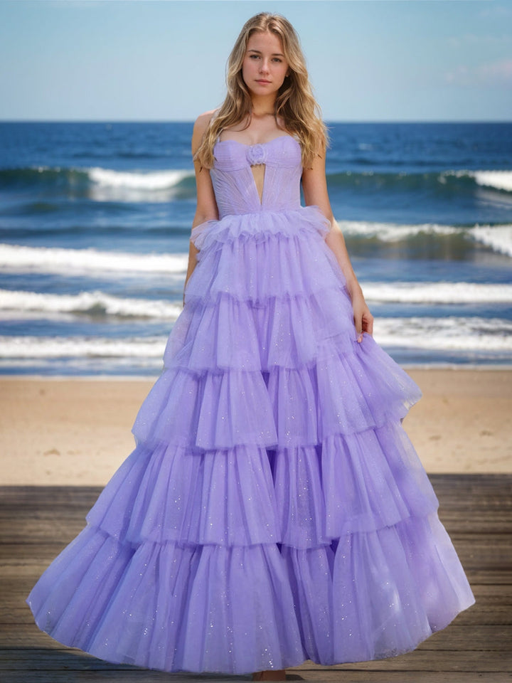 A-Line/Princess Strapless Sleeveless Sweet Prom Dresses with Ruffles & Flower