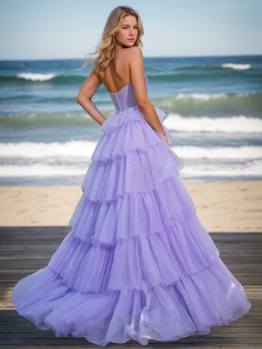 A-Line/Princess Strapless Sleeveless Sweet Prom Dresses with Ruffles & Flower