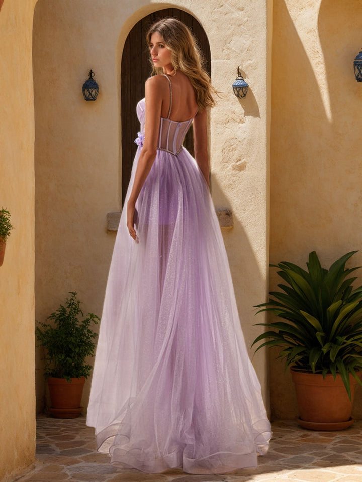 A-Line Spaghetti Straps Sleeveless Pleated Long Prom Dresses with Split Side & Appliques