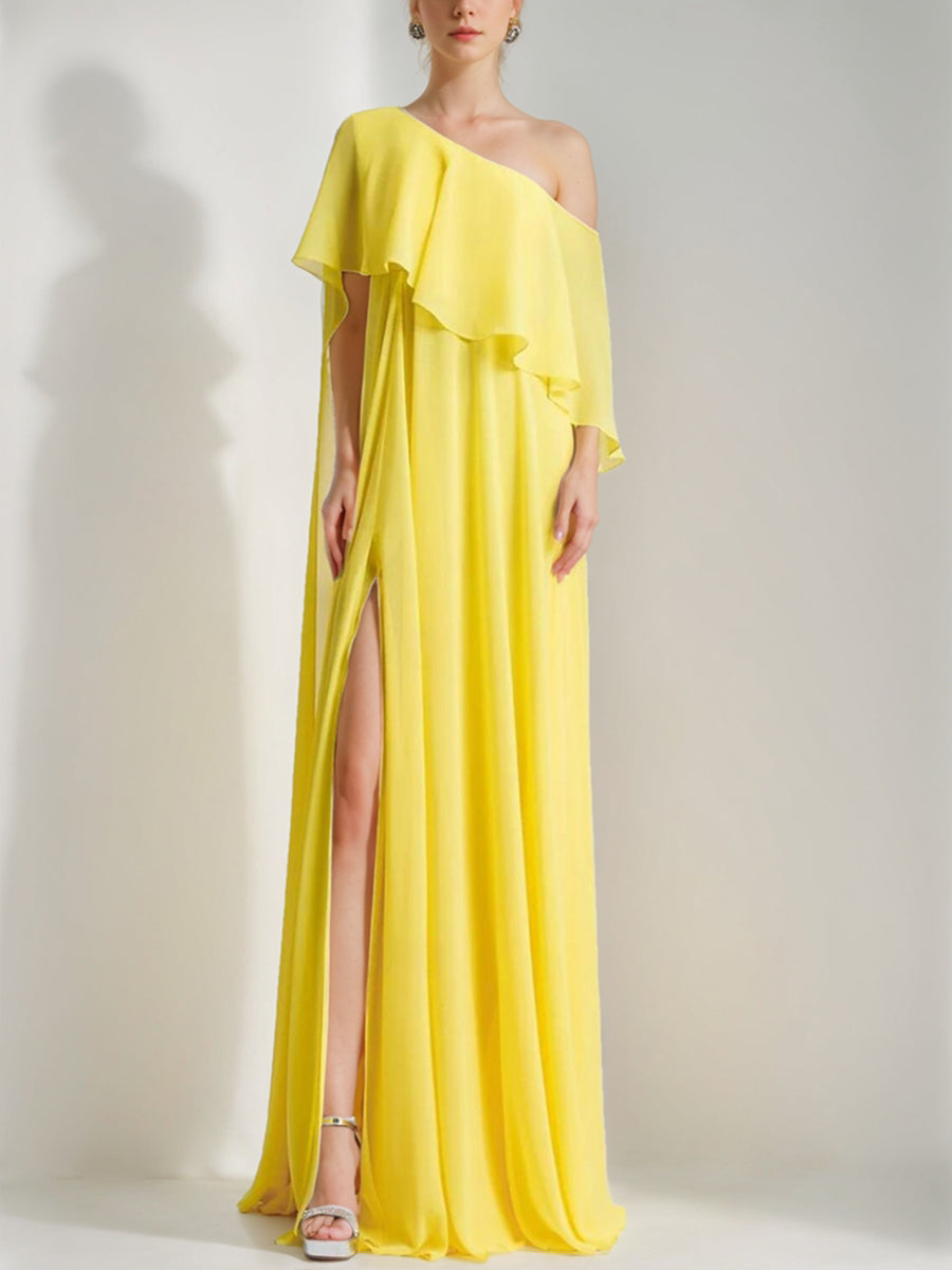 A-Line/Princess One-Shoulder Sleeveless Prom Dresses with Ruffles & High Split