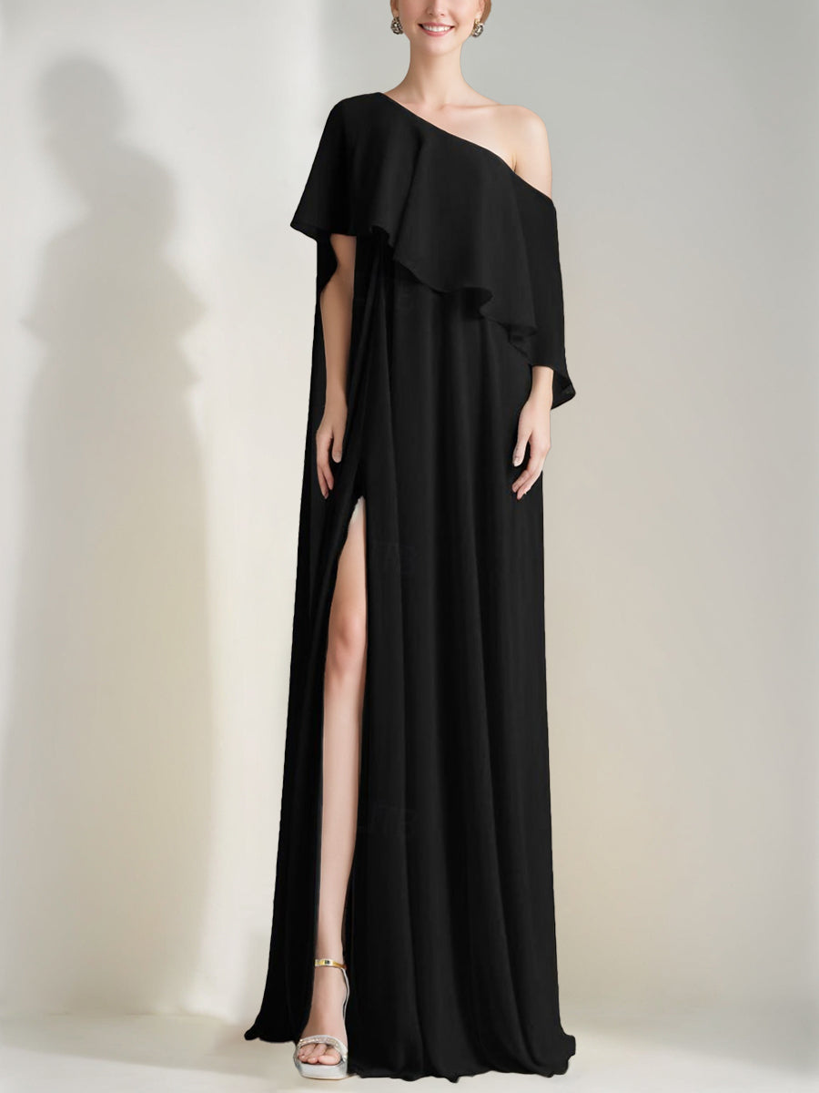 A-Line/Princess One-Shoulder Sleeveless Prom Dresses with Ruffles & High Split