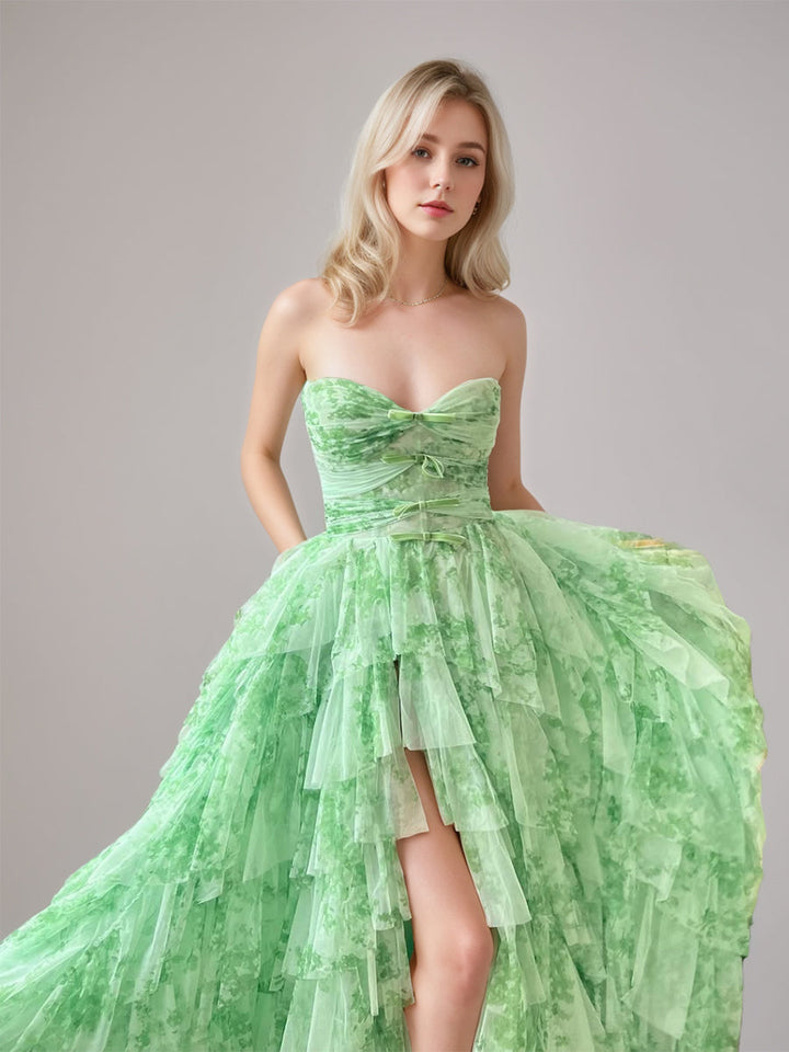 Ball Gown Strapless Sleeveless Printed Floral Prom Dresses with Split Side & Bowknot & Ruffles