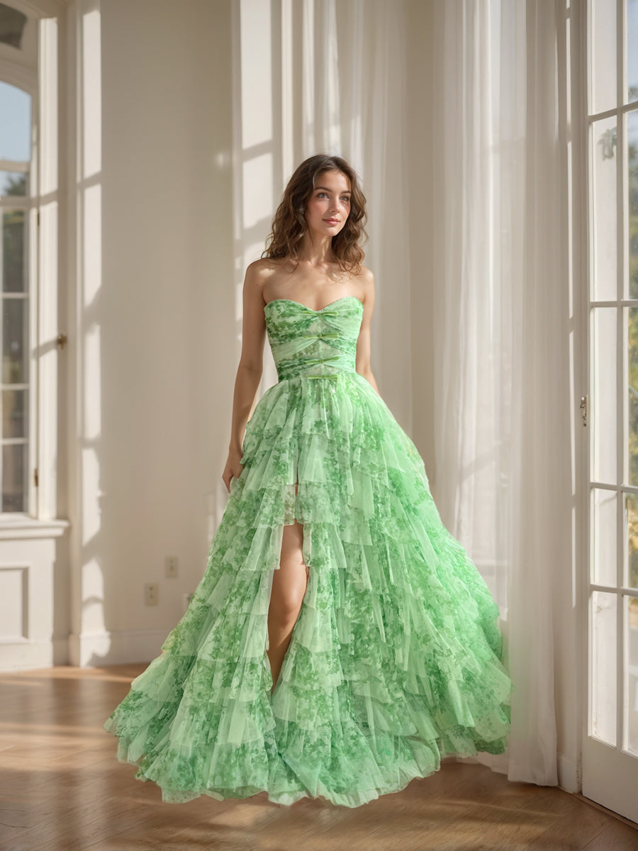Ball Gown Strapless Sleeveless Printed Floral Prom Dresses with Split Side & Bowknot & Ruffles