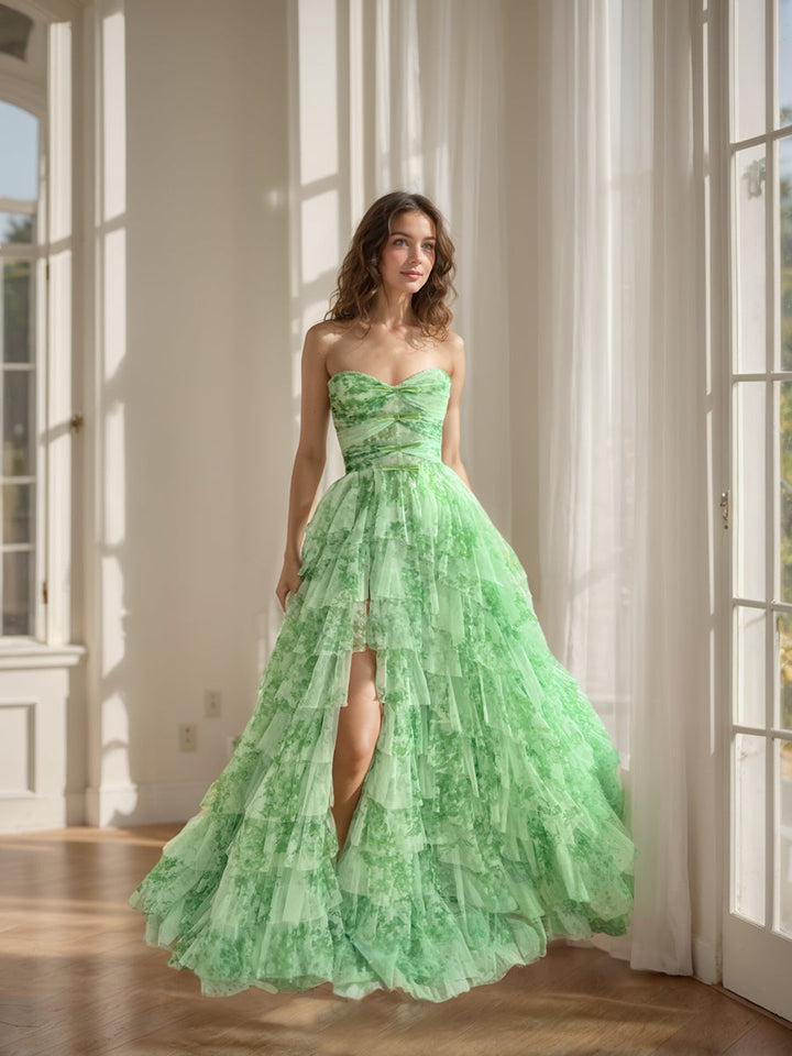 Ball Gown Strapless Sleeveless Printed Floral Prom Dresses with Split Side & Bowknot & Ruffles