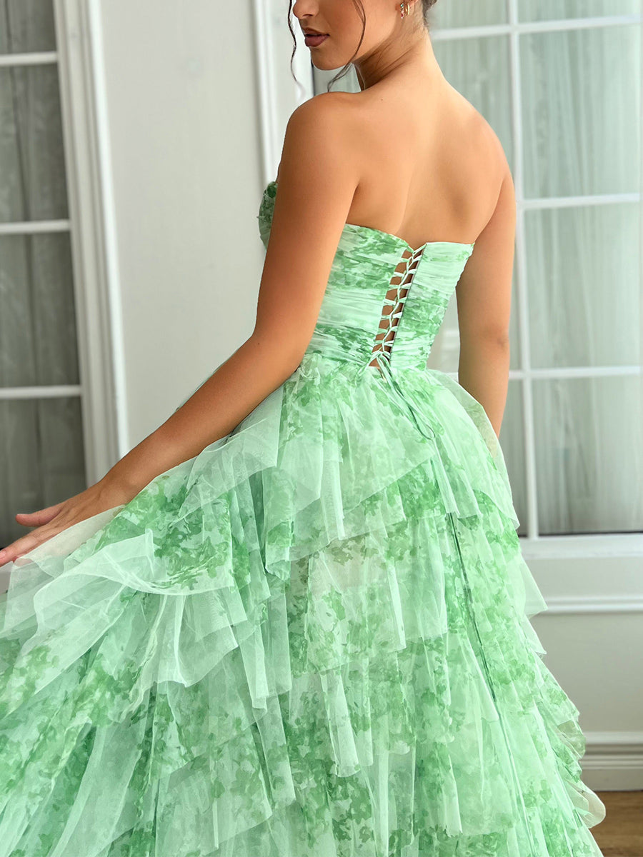 Ball Gown Strapless Sleeveless Printed Floral Prom Dresses with Split Side & Bowknot & Ruffles