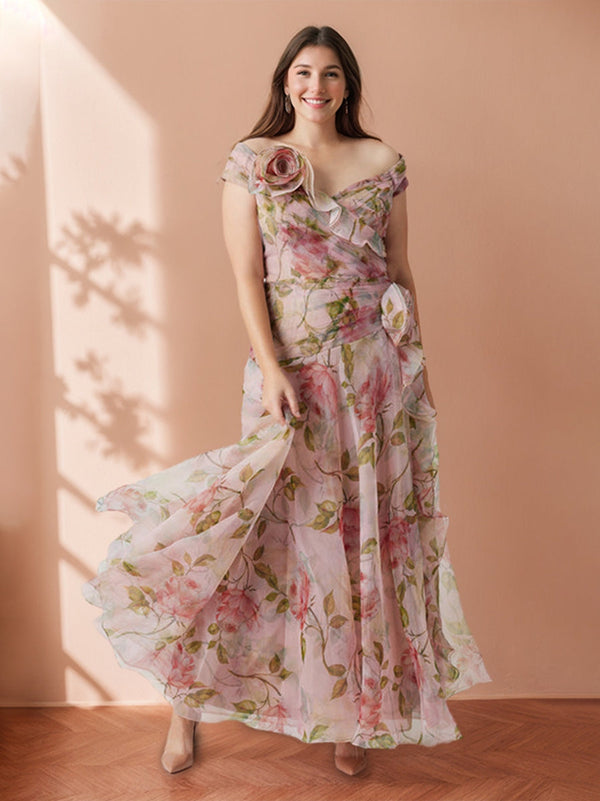 A-Line/Princess Off-the-Shoulder Printed Floral Plus Size Prom Dresses with Ruffles