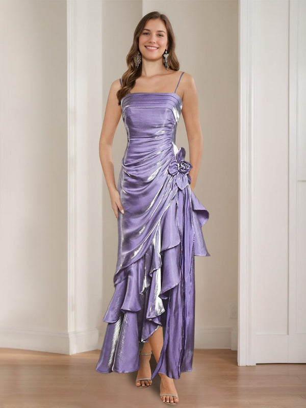 A-Line/Princess Spaghetti Straps Ruched Asymmetrical Vintage Prom Dresses with Ruffles & 3D Flower