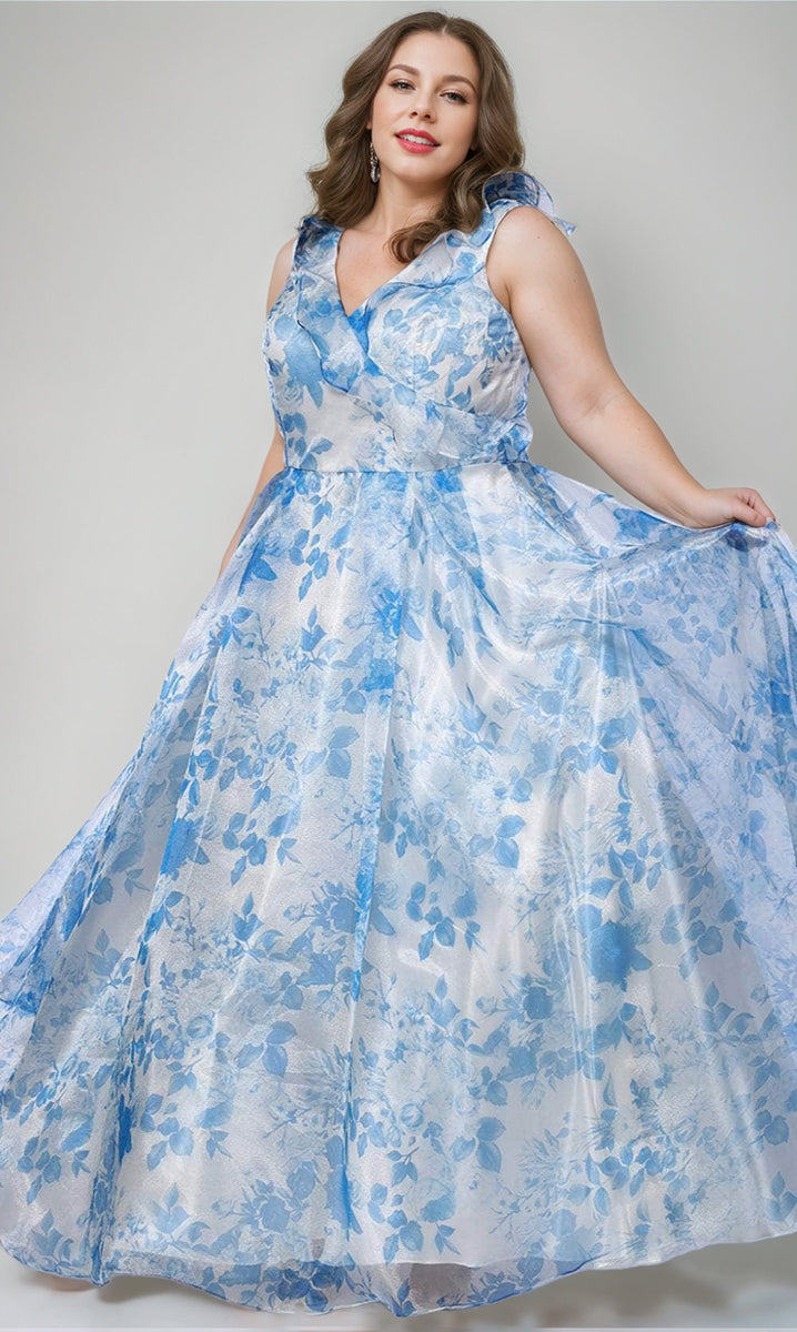 A-Line/Princess V-Neck Sleeveless Printed Floral Plus Size Prom Dresses with Ruffles