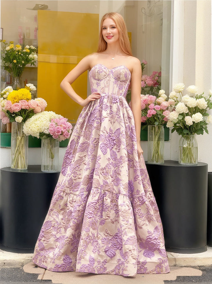 A-Line/Princess Spaghetti Straps Floor-Length Printed Floral Prom Dresses with Lace-Up & Appliques