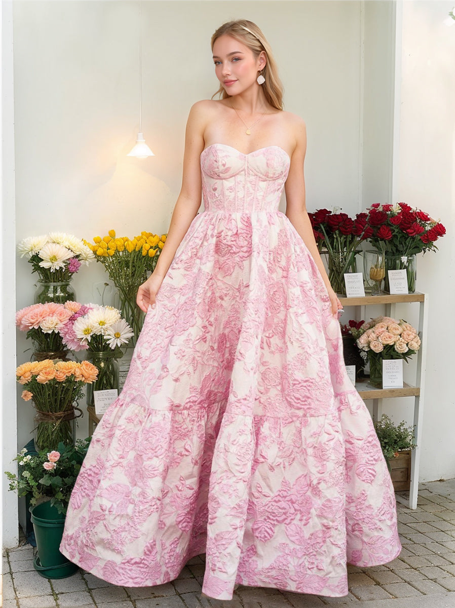 A-Line/Princess Spaghetti Straps Floor-Length Printed Floral Prom Dresses with Lace-Up & Appliques