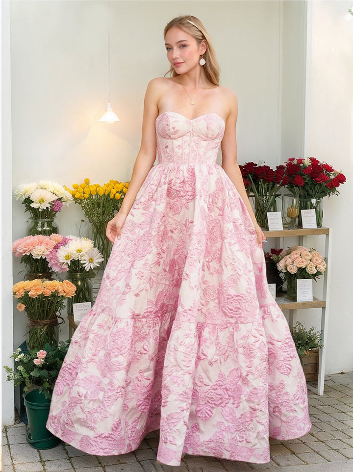 A-Line/Princess Spaghetti Straps Floor-Length Printed Floral Prom Dresses with Lace-Up & Appliques