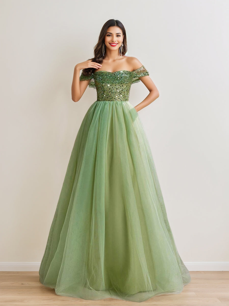 A-Line/Princess Off-the-Shoulder Sleeveless Tulle Luxurious Prom Dresses with Sequins