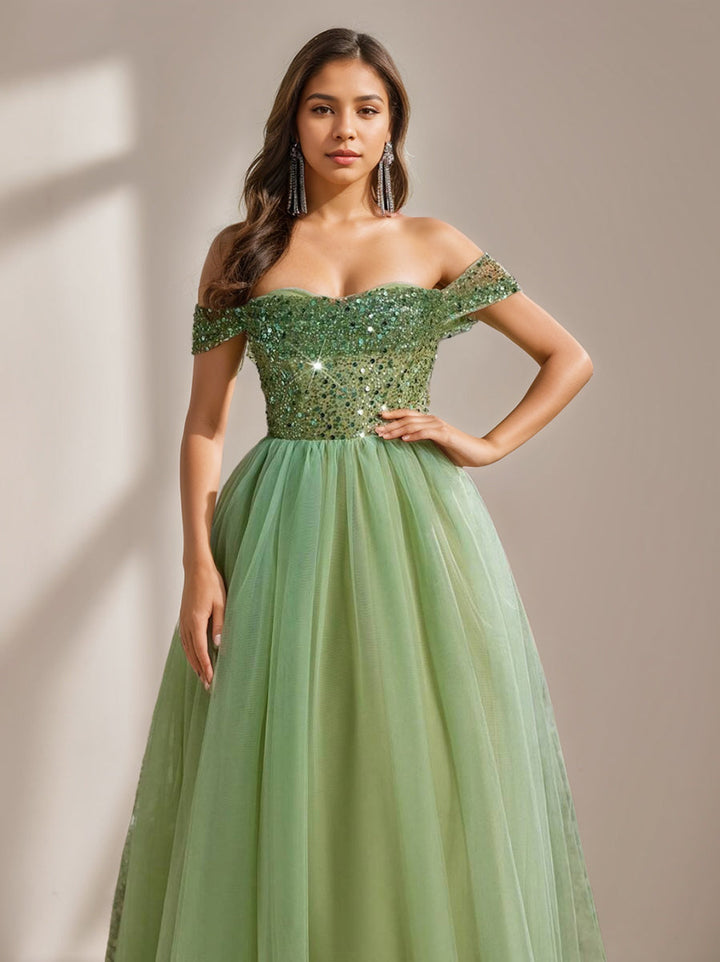 A-Line/Princess Off-the-Shoulder Sleeveless Tulle Luxurious Prom Dresses with Sequins