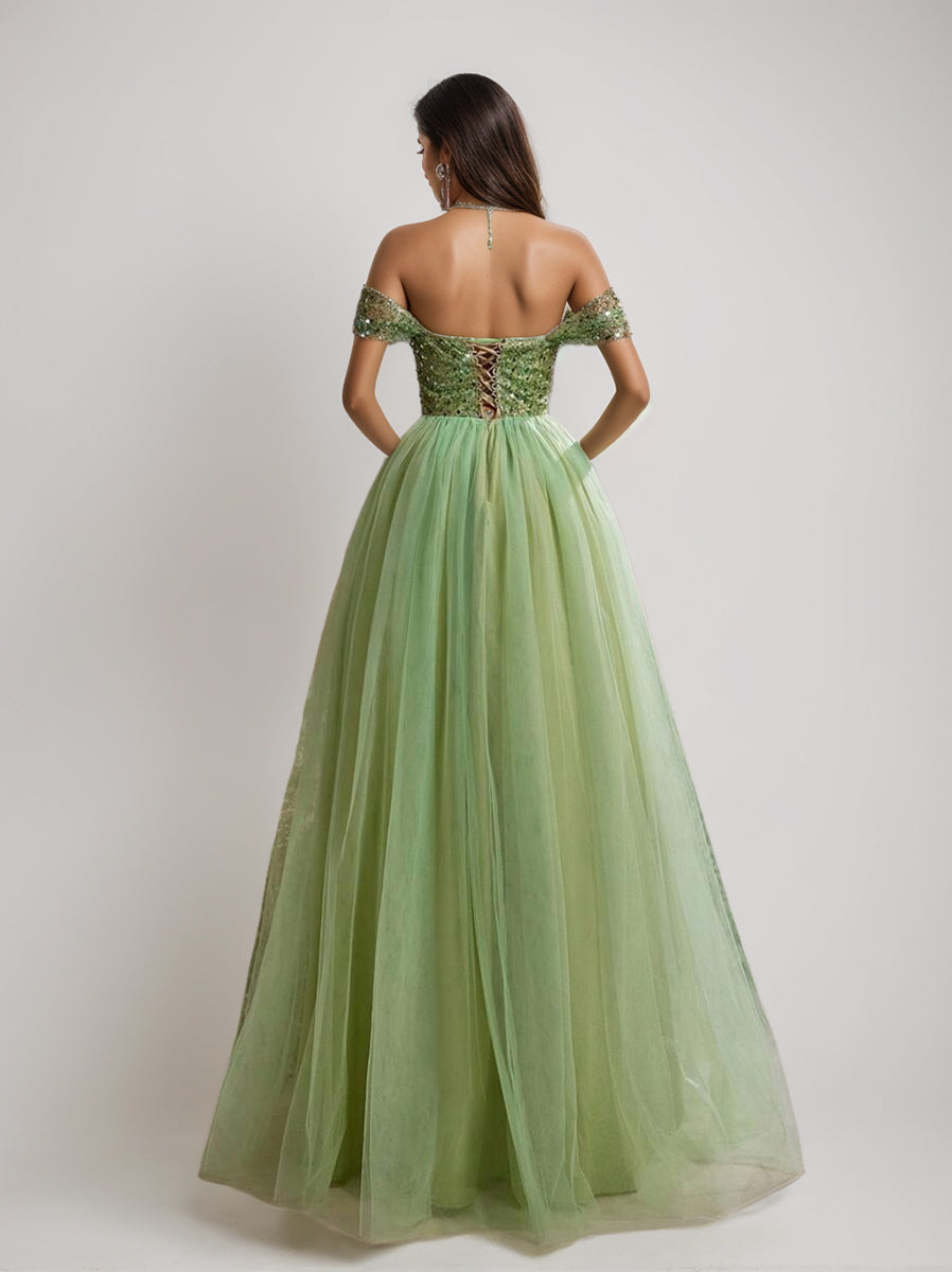 A-Line/Princess Off-the-Shoulder Sleeveless Tulle Luxurious Prom Dresses with Sequins