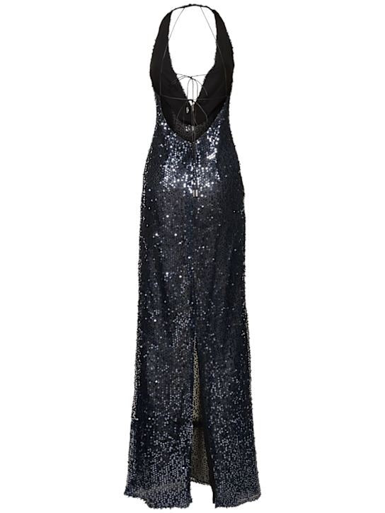 Sheath/Column Sleeveless Floor-Length Backless Prom Dresses with Self-tie & Sequins