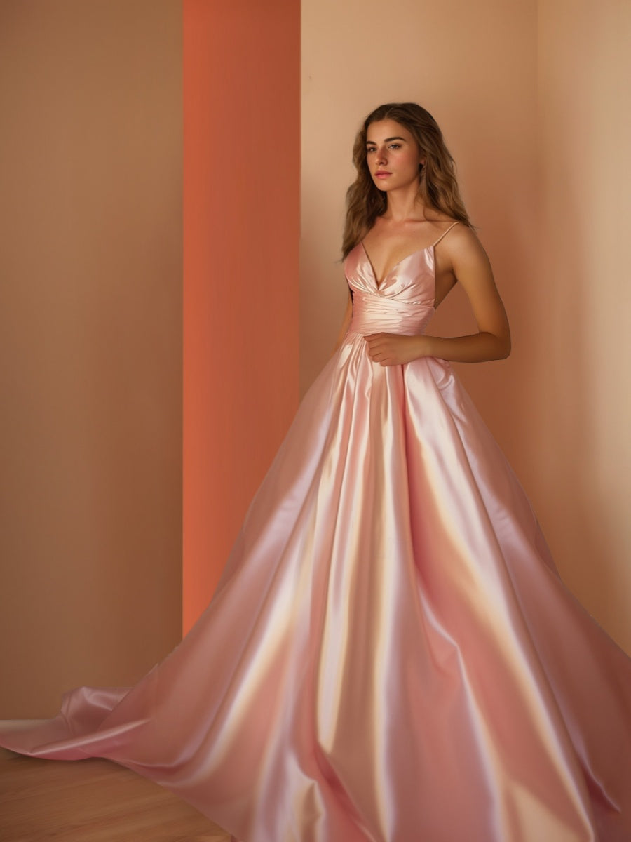 A-Line/Princess Spaghetti Straps V-Neck Floor-Length Ruched Prom Dresses