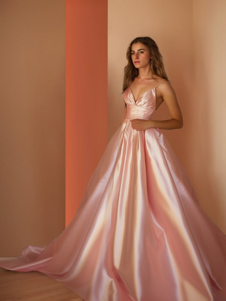A-Line/Princess Spaghetti Straps V-Neck Floor-Length Ruched Prom Dresses