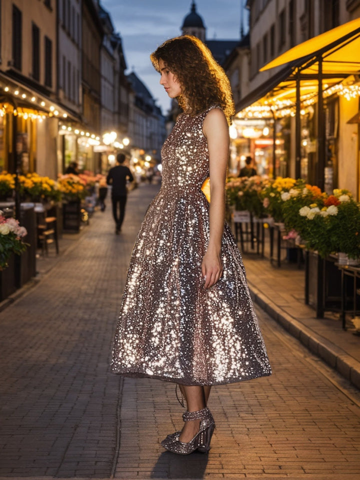 A-Line/Princess Scoop Sleeveless Tea-Length Sequined Prom Dresses