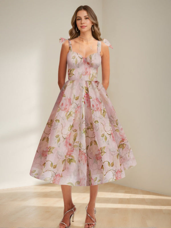 A-Line/Princess Sweetheart Tea-Length Printed Floral Elegant Prom Dresses with Bowknot Straps