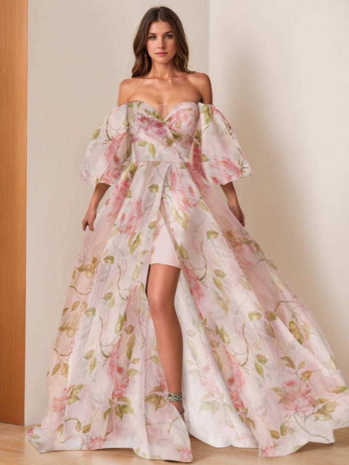 A-Line/Princess Off-the-shoulder Floor-length Printed Floral Prom Dresses with Slit