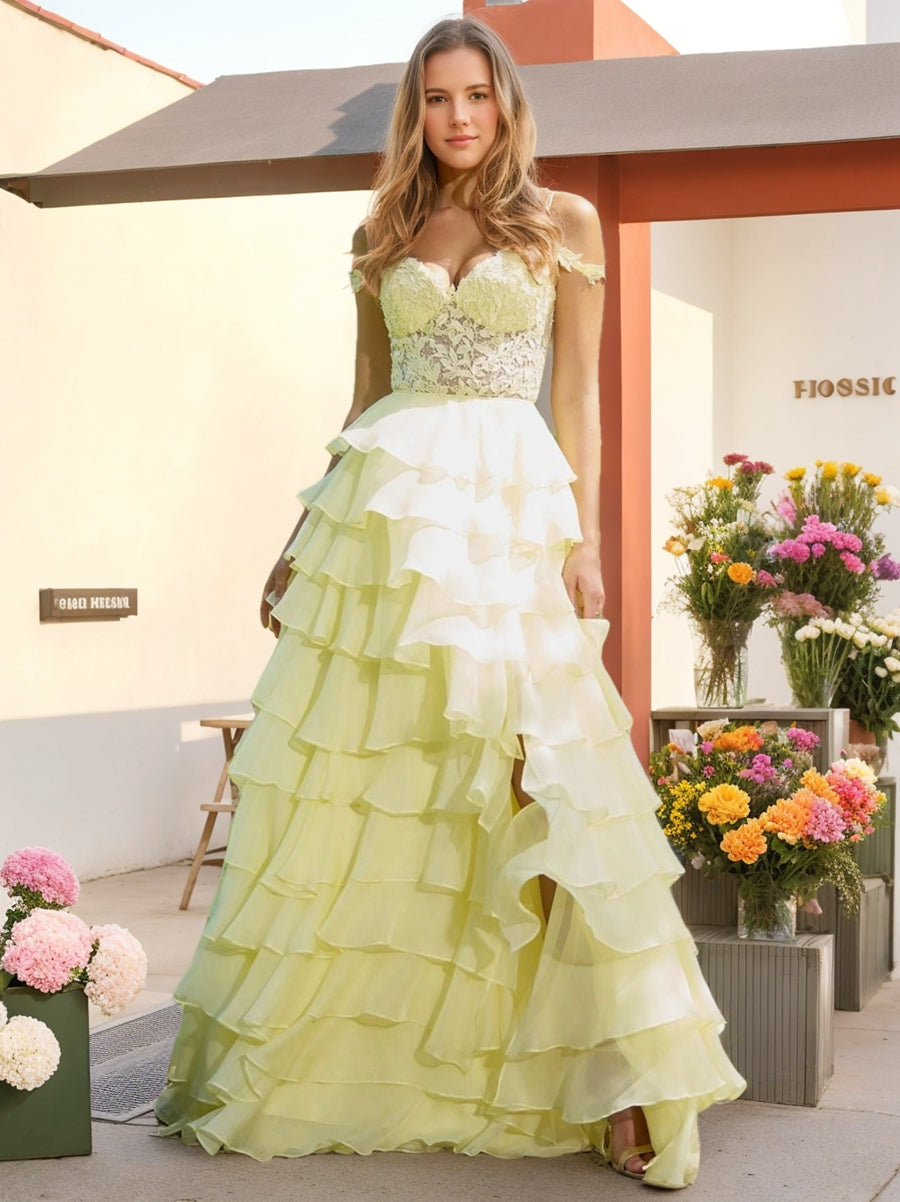A-Line/Princess Off-the-Shoulder Romantic Prom Dresses with Ruffles & Side Slit & Appliques