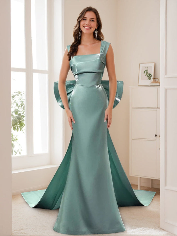 Sheath/Column Square Neckline Floor-Length Prom Dresses with Bowknot & Watteau Train