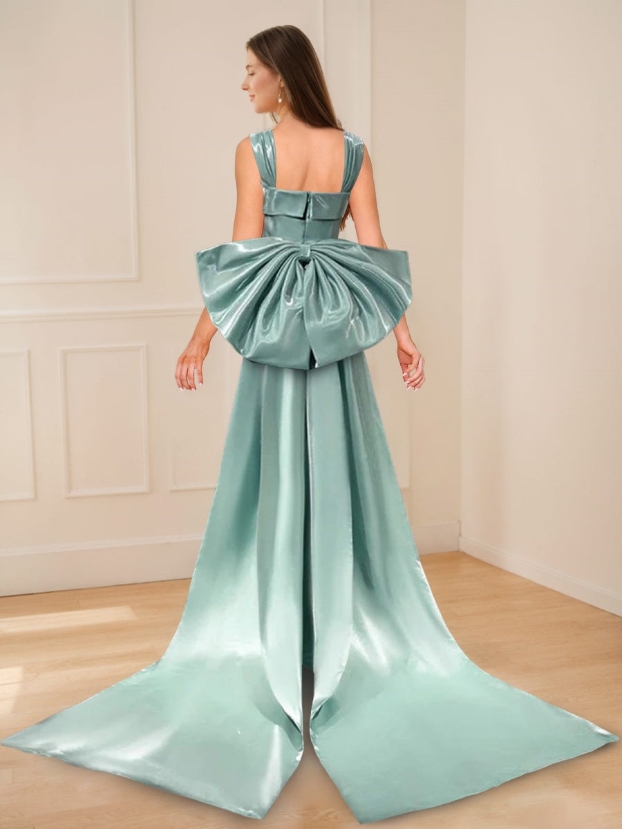 Sheath/Column Square Neckline Floor-Length Prom Dresses with Bowknot & Watteau Train