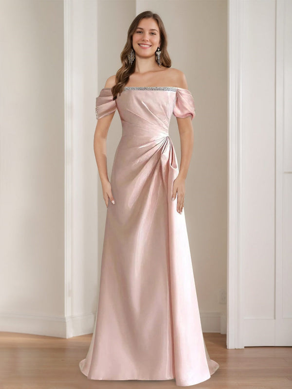 A-Line/Princess Off-the-shoulder Ruched Elegant Prom Dresses with Beadings & Lace-up