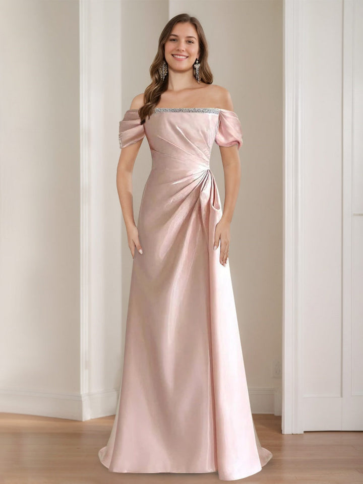 A-Line/Princess Off-the-shoulder Ruched Elegant Prom Dresses with Beadings & Lace-up