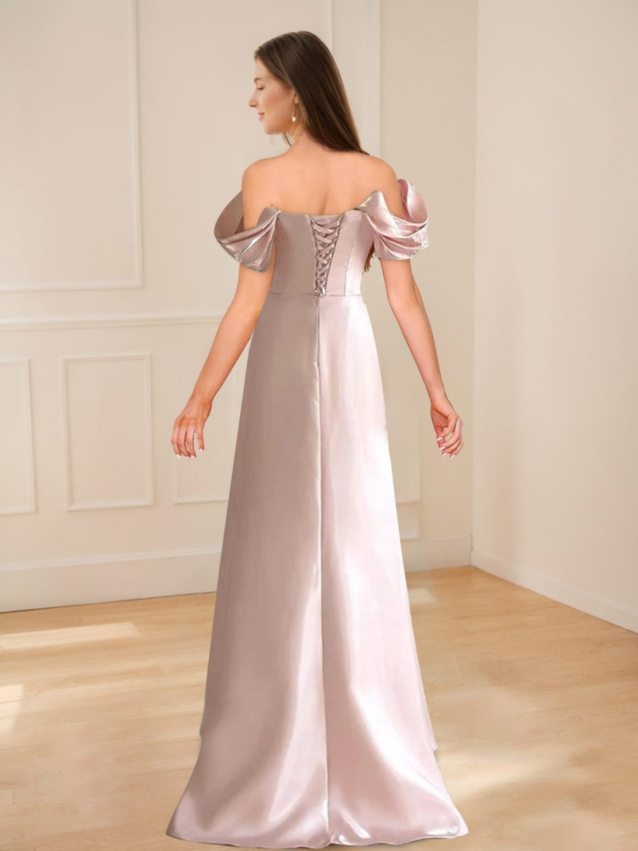 A-Line/Princess Off-the-shoulder Ruched Elegant Prom Dresses with Beadings & Lace-up