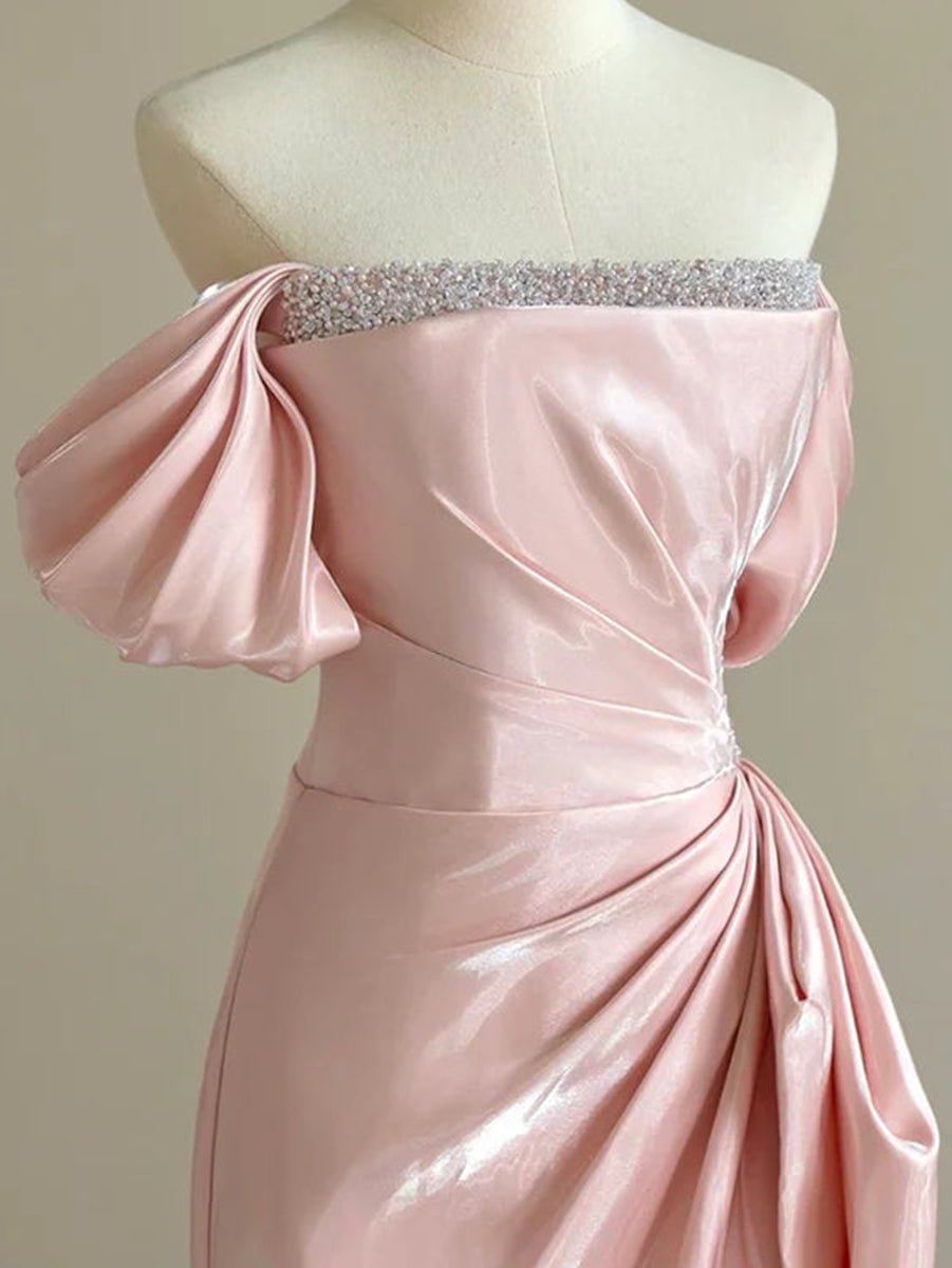 A-Line/Princess Off-the-shoulder Ruched Elegant Prom Dresses with Beadings & Lace-up