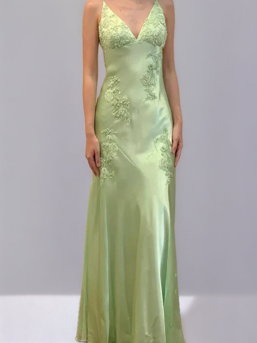 Sheath/Column Spaghetti Straps Backless Sleeveless Prom Dresses with Appliques & Self-tie