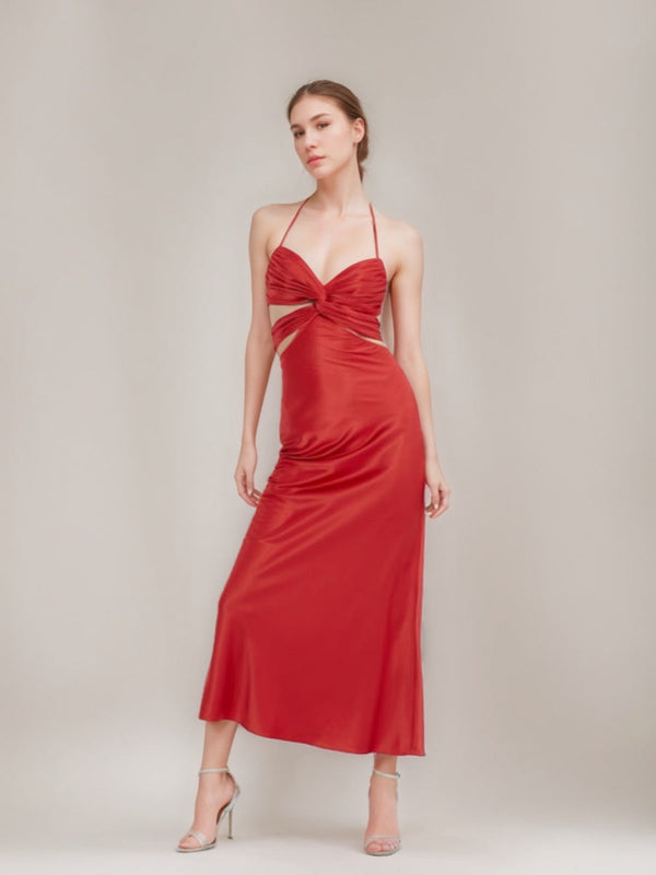 Sheath/Column Hollow Halter Ankle-Length Elegant Prom Dresses with Self-tie & Ribbon