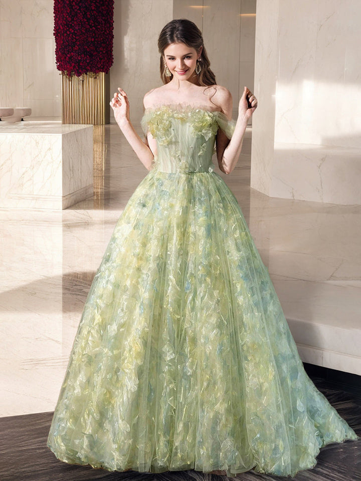 Ball Gown Off-the-Shoulder Sleeveless Elegant Prom Dresses with Ruffles & Embroidery